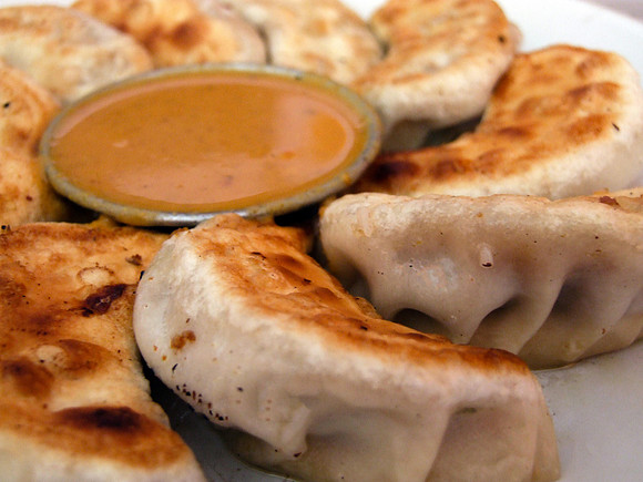 A typical plate of fried momos from Nepal