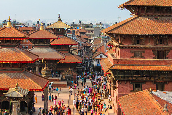 Crowds and rooftops of Patan, Nepal