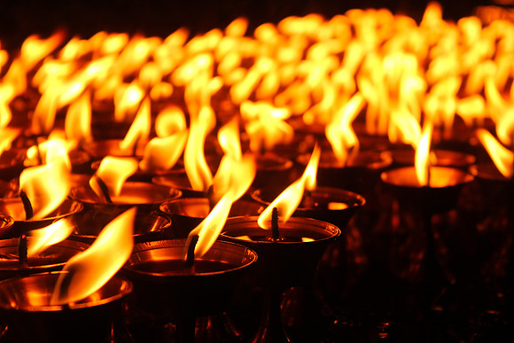 Close up of candles at Boudhanath Stupa, Kathmandu, Nepal 6-6